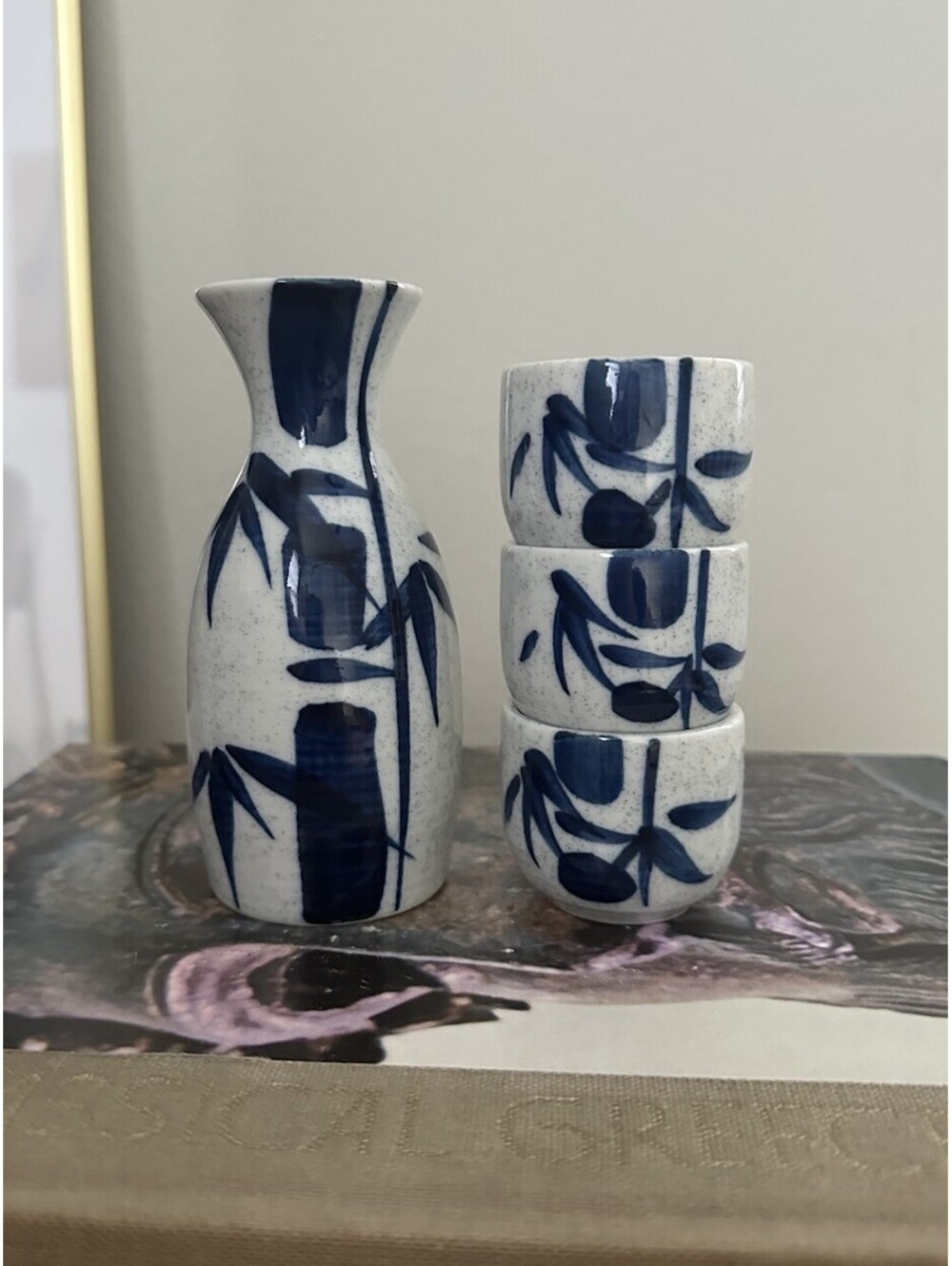 Japanese Porcelain Sake Set 1 Bottle 3 Cups Made in Japan Bamboo Ume Sakura